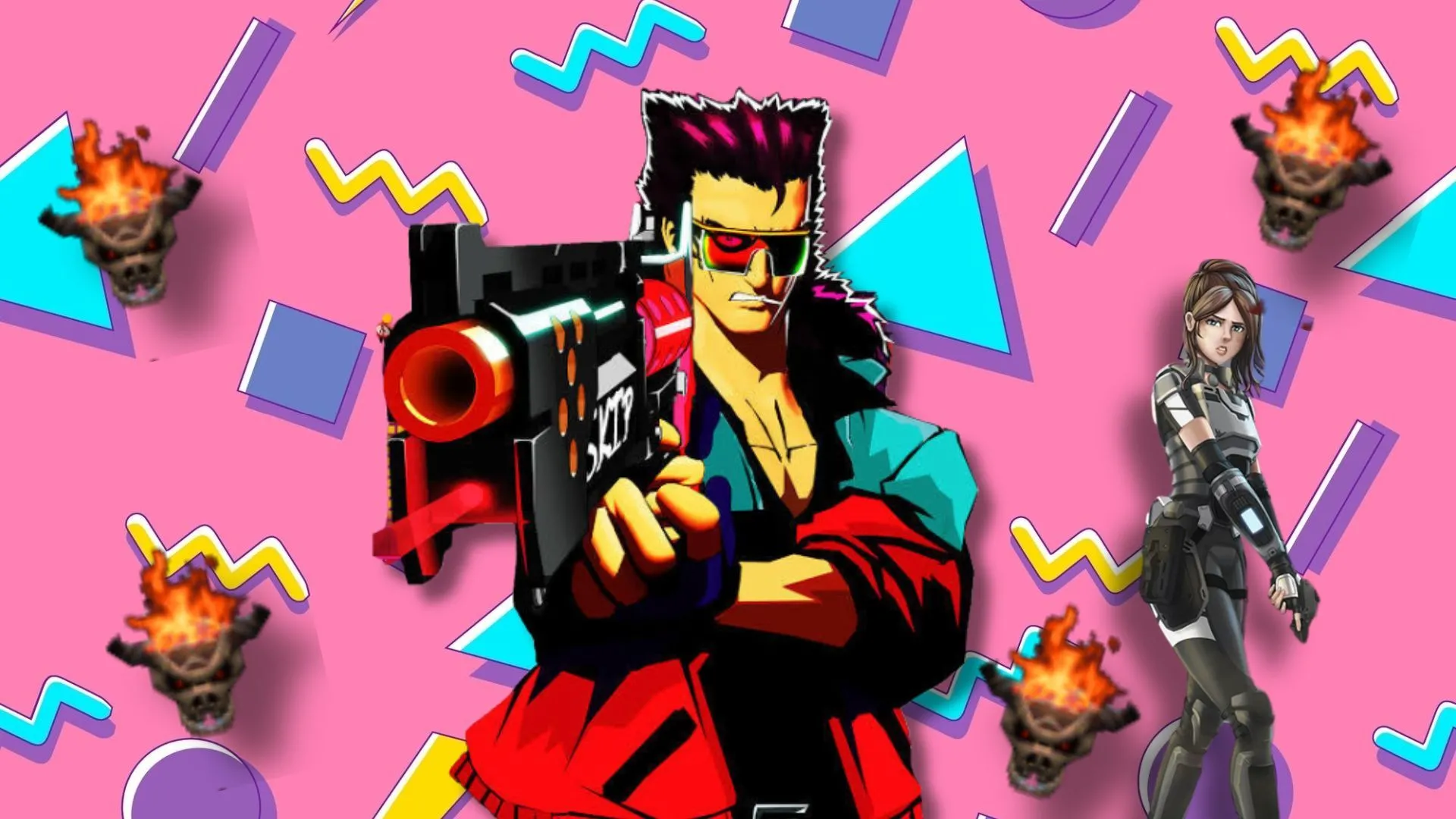 Hình nền phong cách thập niên 90 với các sprite và artwork từ các tựa game boomer shooter kinh điển