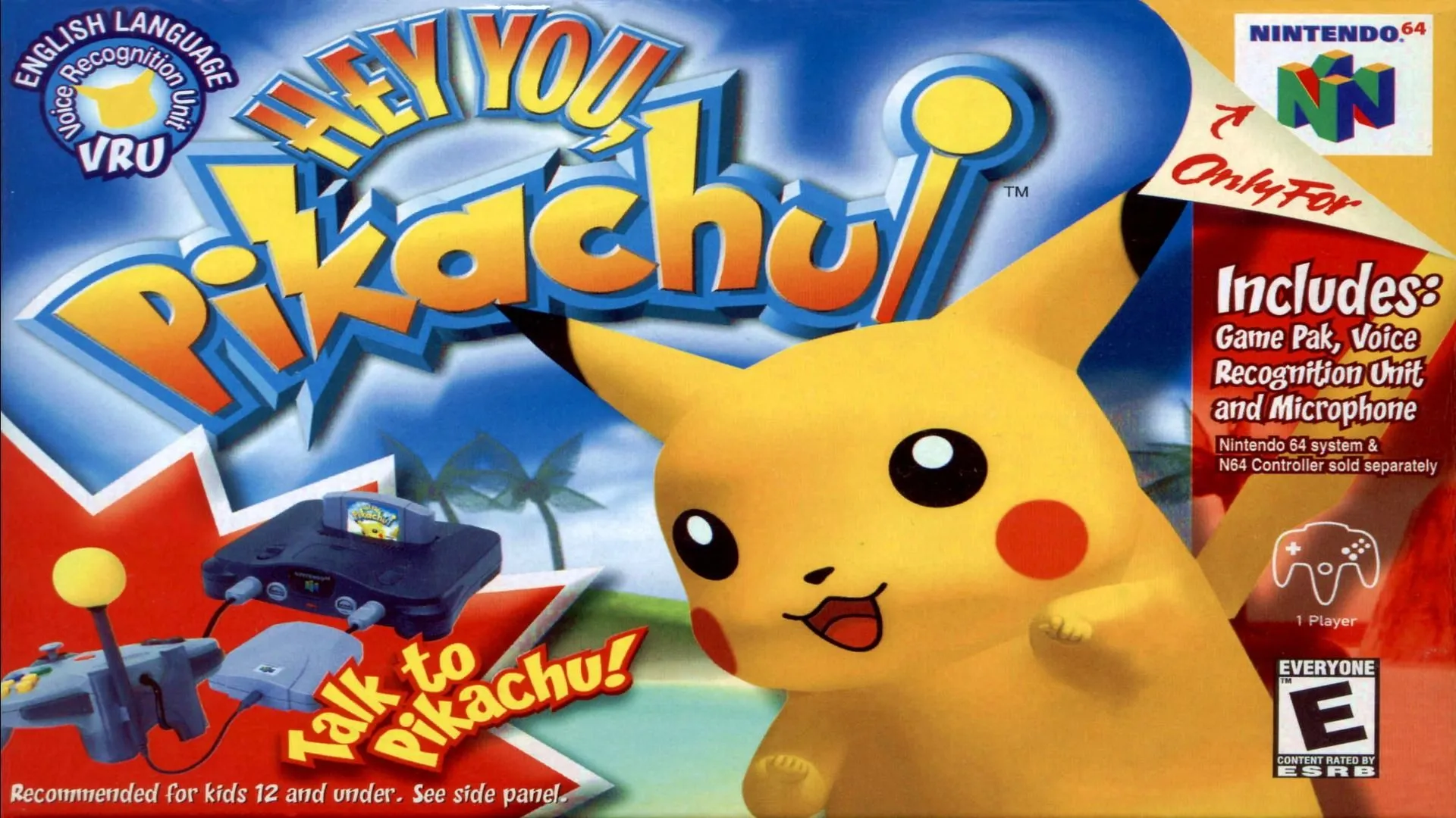 Hộp game Hey You, Pikachu! trên Nintendo 64 với hình ảnh Pikachu và biểu tượng điện thoại.