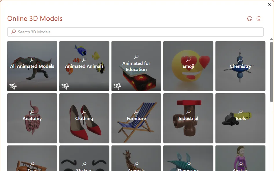 Hộp thoại &quot;3D Models&quot; hiển thị thư viện mô hình 3D có sẵn của Microsoft trong PowerPoint