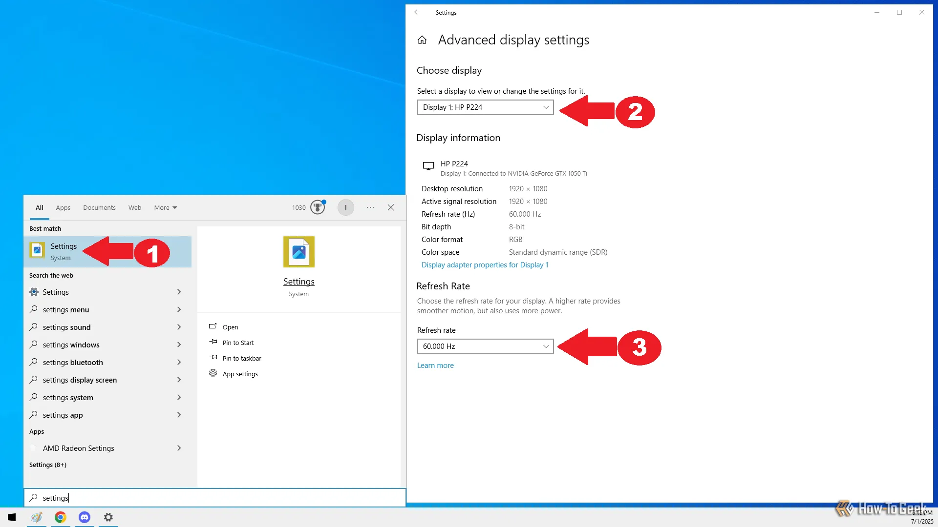 Hộp thoại cài đặt nâng cao hiển thị trên Windows, cho phép điều chỉnh tần số quét (Refresh Rate) của từng màn hình riêng biệt.