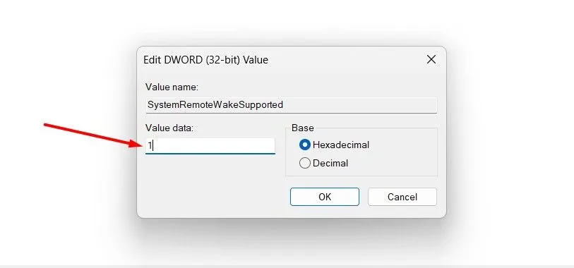 Hộp thoại chỉnh sửa giá trị DWORD (32-bit) trong Registry Editor, đặt giá trị data là 1.