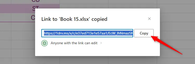 Hộp thoại &quot;Copy Link To Sheet View&quot; (Sao chép liên kết đến chế độ xem trang tính) trong Excel Online, nơi người dùng có thể sao chép liên kết và thiết lập quyền truy cập trước khi chia sẻ chế độ xem dữ liệu Excel.