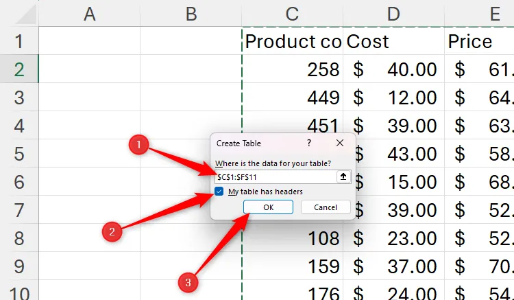 Hộp thoại Create Table trong Excel để xác nhận phạm vi dữ liệu và tùy chọn tiêu đề bảng