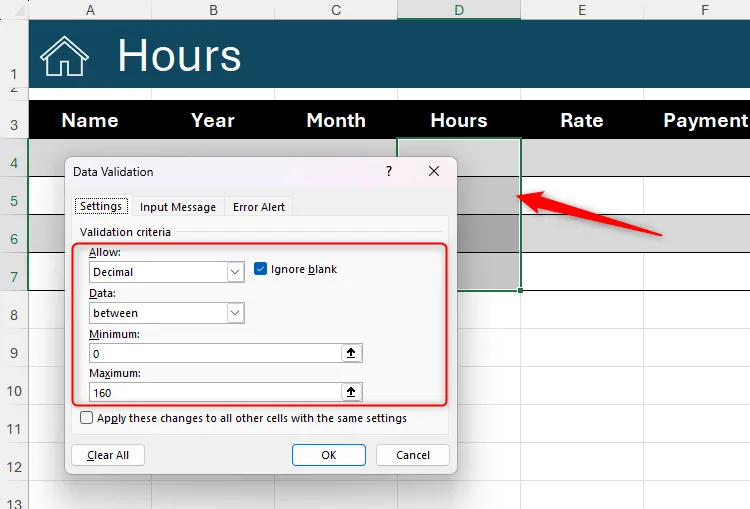 Hộp thoại &quot;Data Validation&quot; trong Microsoft Excel, với giới hạn đầu vào cho số thập phân từ 0 đến 160.