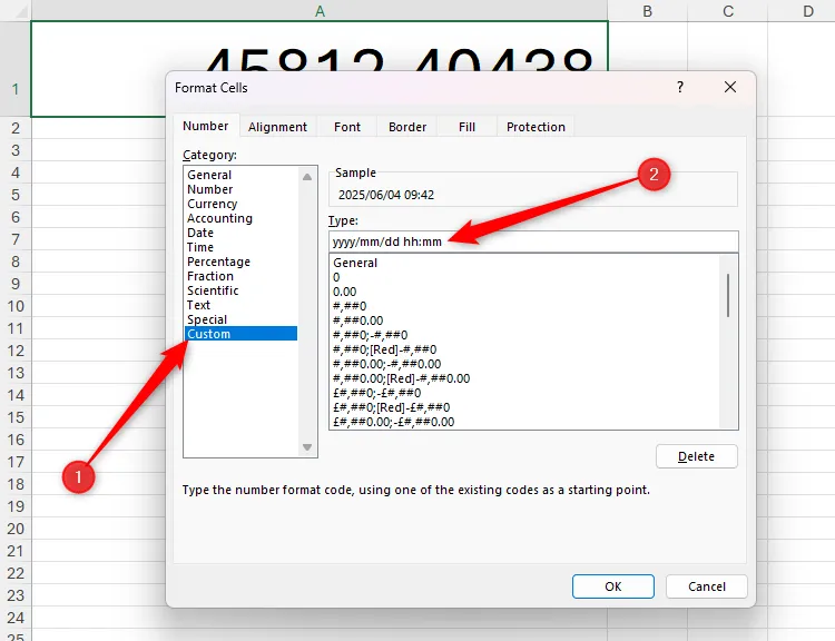 Hộp thoại Format Cells trong Excel, chọn Custom để định dạng ngày giờ
