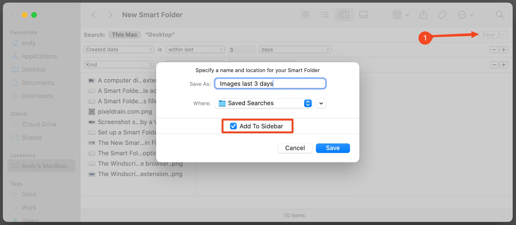 Hộp thoại lưu Smart Folder, cho phép đặt tên và chọn vị trí lưu trên Mac, cùng tùy chọn hiển thị trong thanh bên Finder.
