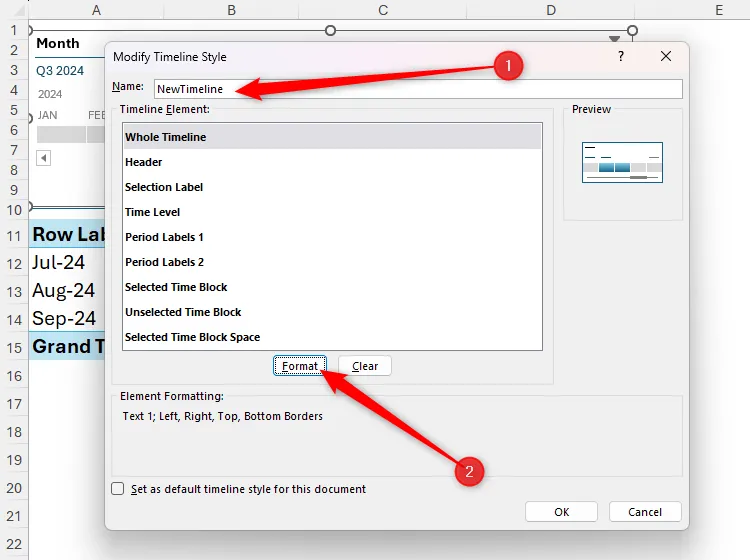Hộp thoại Modify Timeline Style với tên kiểu mới và nút Format để tùy chỉnh