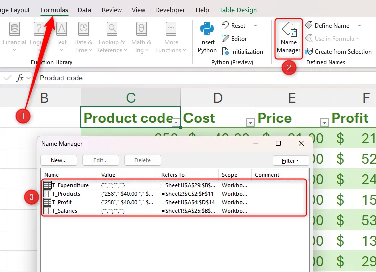 Hộp thoại Name Manager trong Excel hiển thị danh sách các tên bảng hiện có trong workbook để quản lý