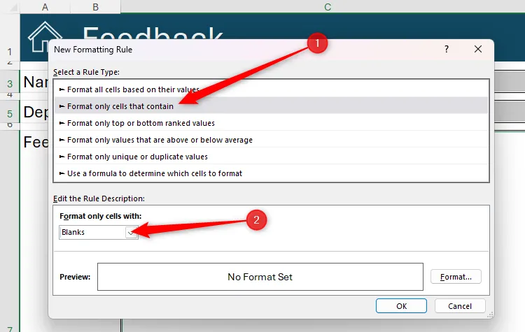 Hộp thoại &quot;New Formatting Rule&quot; trong Microsoft Excel, với các tùy chọn &quot;Format Only Cells That Contain&quot; và &quot;Blanks&quot; được chọn.