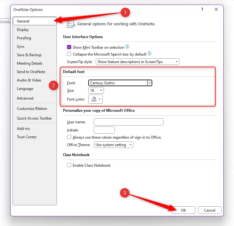 Hộp thoại OneNote Options với tab General, mục Default Font và nút OK được chọn.