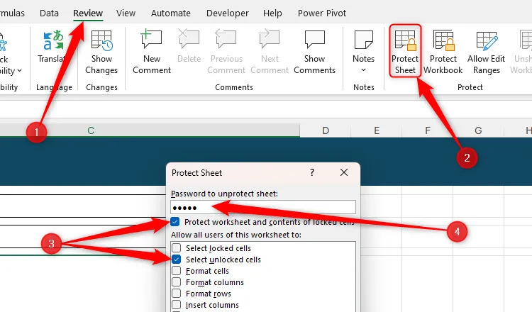 Hộp thoại &quot;Protect Sheet&quot; trong tab &quot;Review&quot; của Excel, hiển thị các tùy chọn để bảo vệ trang tính và nhập mật khẩu.