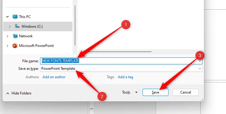 Hộp thoại &quot;Save As&quot; (Lưu dưới dạng) của PowerPoint, lưu mẫu trình bày với phông chữ mới.