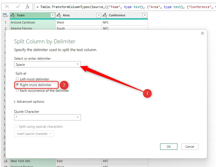 Hộp thoại Split Column By Delimiter trong Power Query Editor của Excel, với dấu cách được chọn làm dấu phân cách và tùy chọn &quot;Right-most delimiter&quot; (Dấu phân cách ngoài cùng bên phải) được chọn làm vị trí tách.