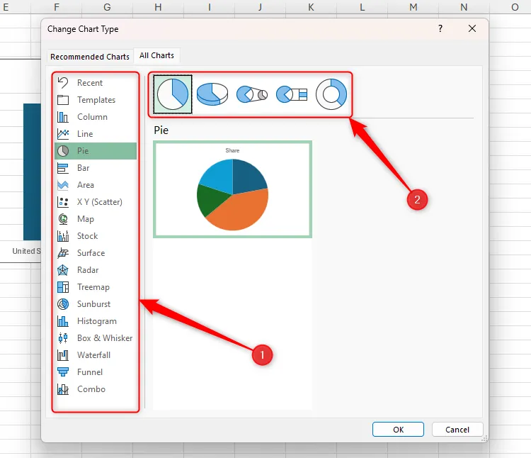 Hộp thoại Thay đổi loại biểu đồ trong Excel, với các phần cửa sổ khác nhau được tô sáng để người dùng dễ dàng lựa chọn.
