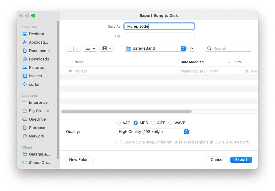 Hộp thoại xuất file trong GarageBand, hiển thị tùy chọn xuất thành tệp MP3