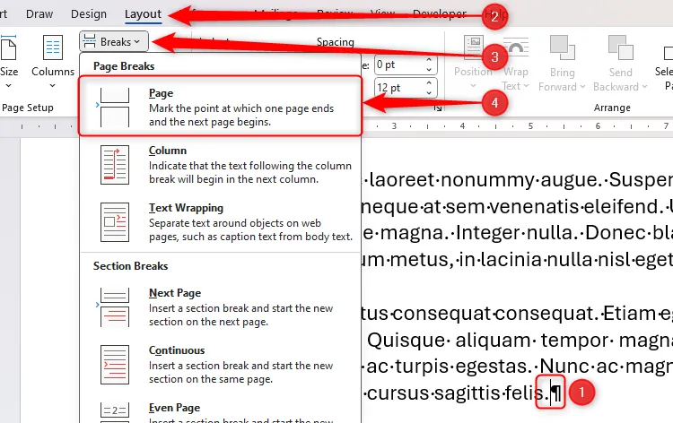 Hướng dẫn chèn Ngắt Trang (Page Break) trong Word: Trỏ chuột cuối đoạn, chọn Layout &gt; Breaks &gt; Page để chuyển nội dung sang trang mới.