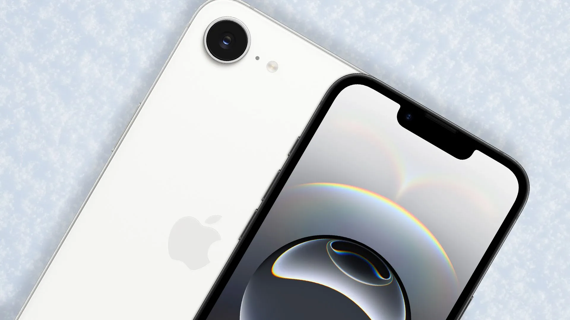 iPhone 16e màu đen trên nền tuyết trắng, hiển thị màn hình tai thỏ.