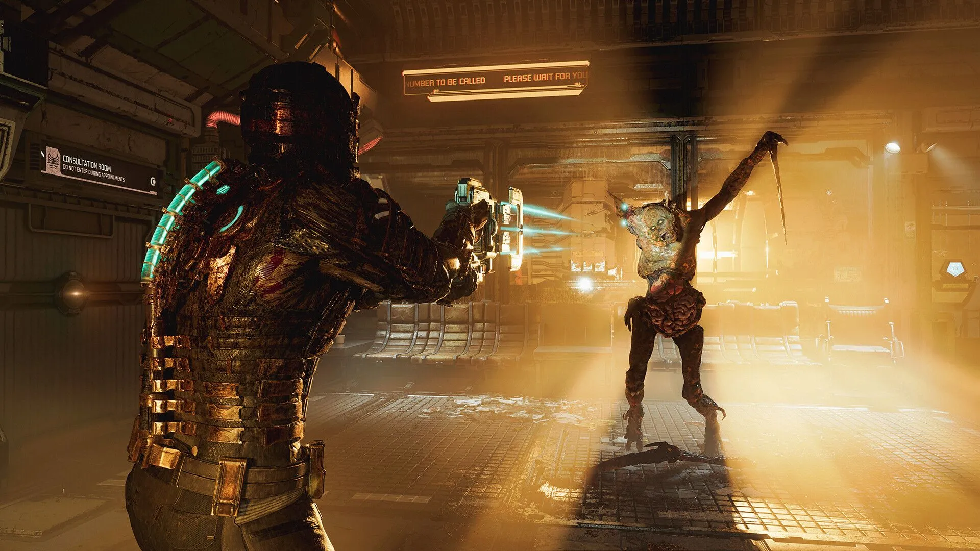 Issac Clarke đối đầu với Necromorph trong Dead Space (2023), cho thấy đồ họa chi tiết và không khí kinh dị được tái tạo.