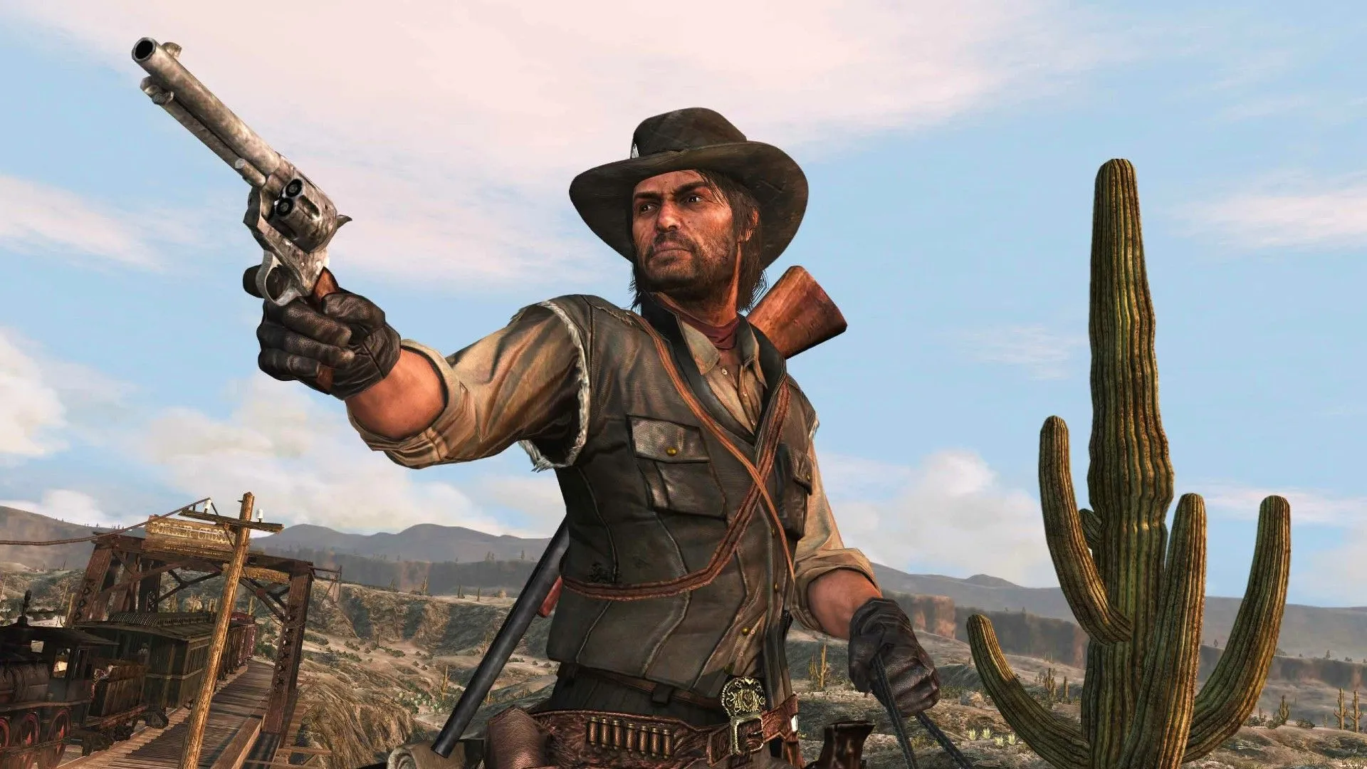John Marston đang ngắm bắn vũ khí về phía bên trái trong Red Dead Redemption.