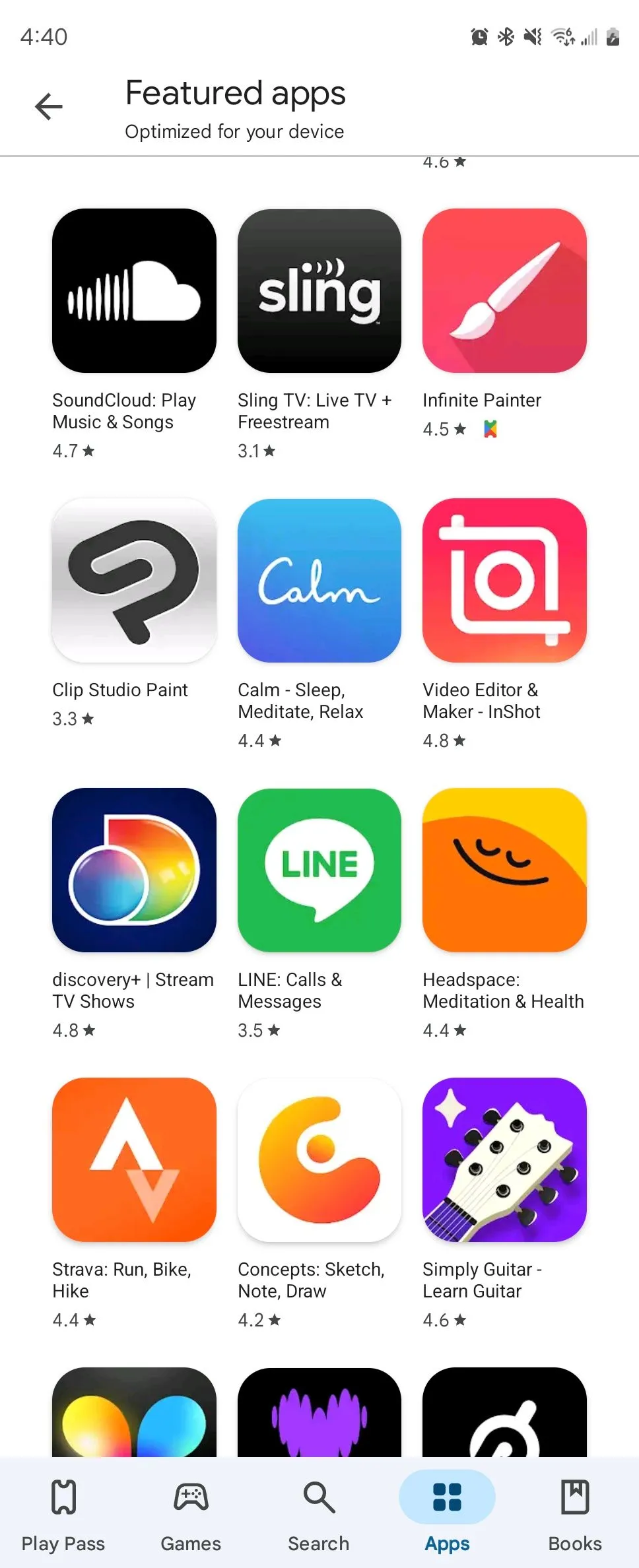Kết quả hiển thị sau khi cuộn xuống danh sách &quot;Ứng dụng nổi bật&quot; trên Google Play Store, cho thấy một vài ứng dụng ít quen thuộc hơn.