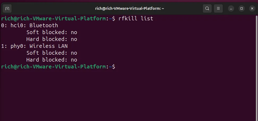 Kết quả lệnh rfkill list hiển thị trạng thái chặn Wi-Fi trên Ubuntu terminal.