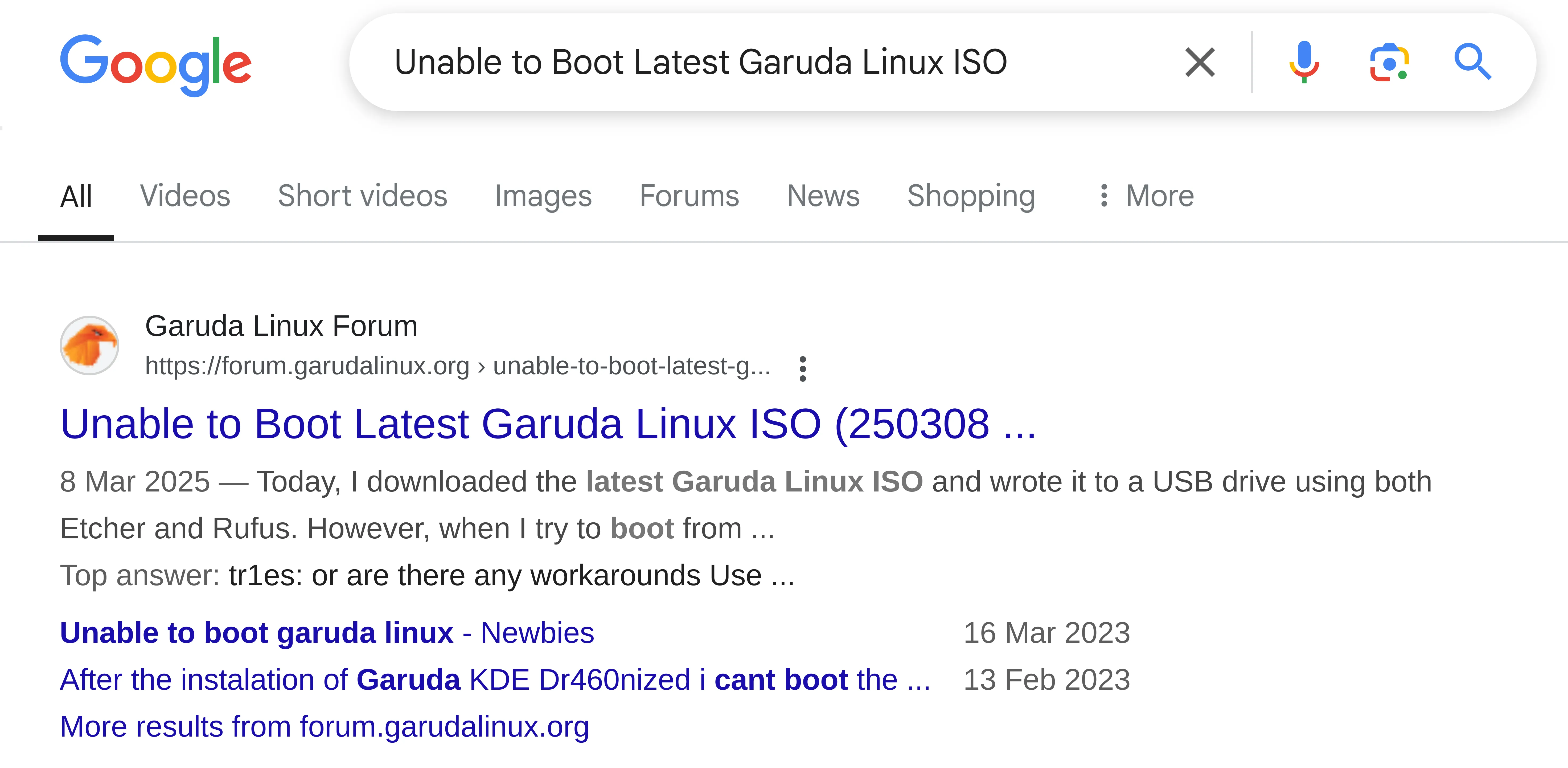 Kết quả tìm kiếm Google hiển thị các giải pháp khắc phục lỗi boot Garuda Linux trên diễn đàn cộng đồng.