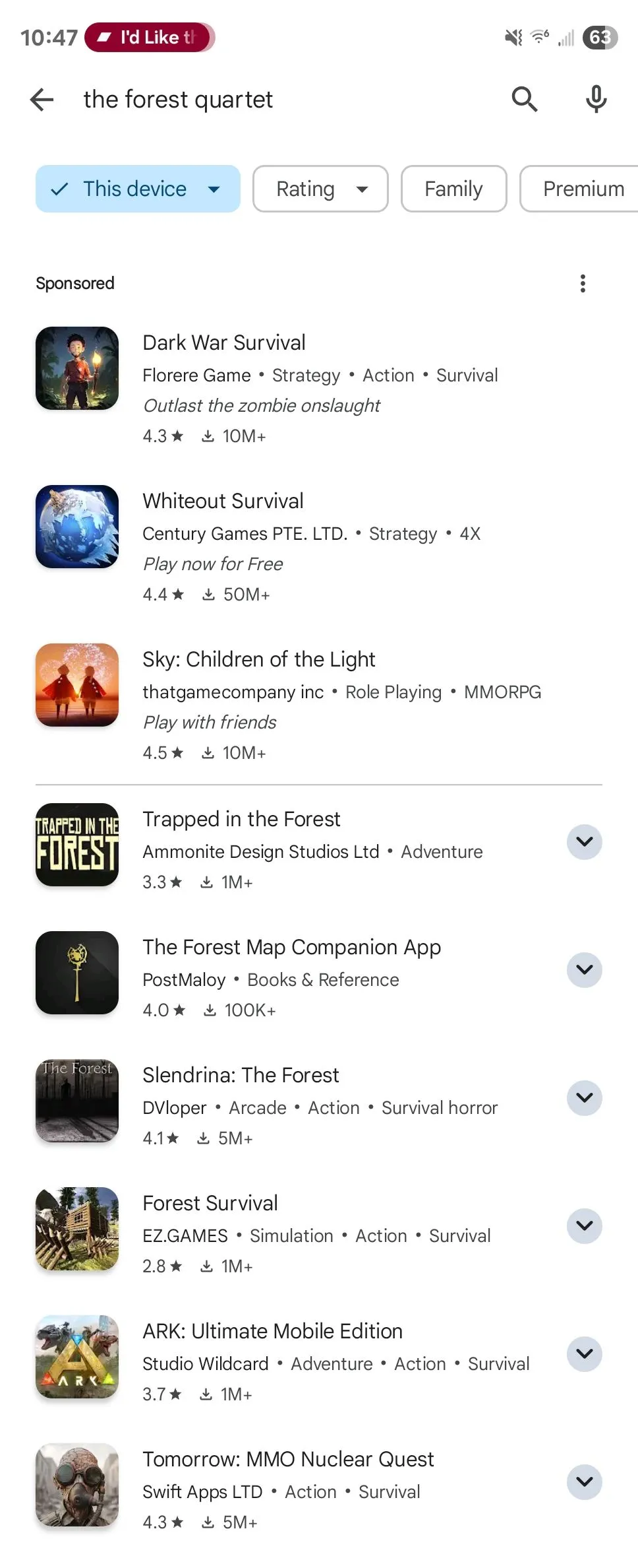 Kết quả tìm kiếm The Forest Quartet trên Google Play Store trống không