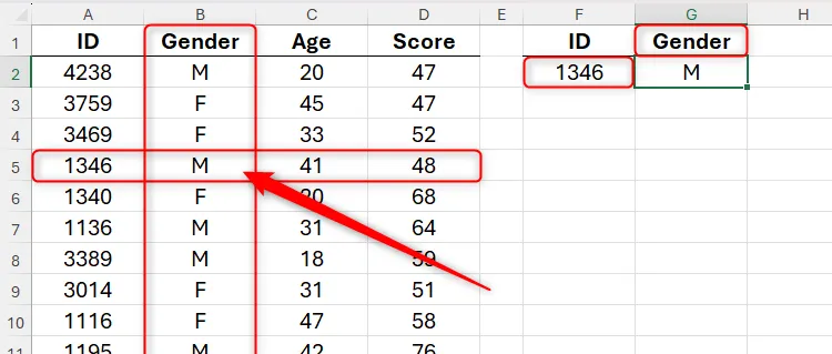 Kết quả tra cứu XLOOKUP hai chiều trong Excel trả về giới tính dựa trên ID và tiêu đề cột &quot;Gender&quot;