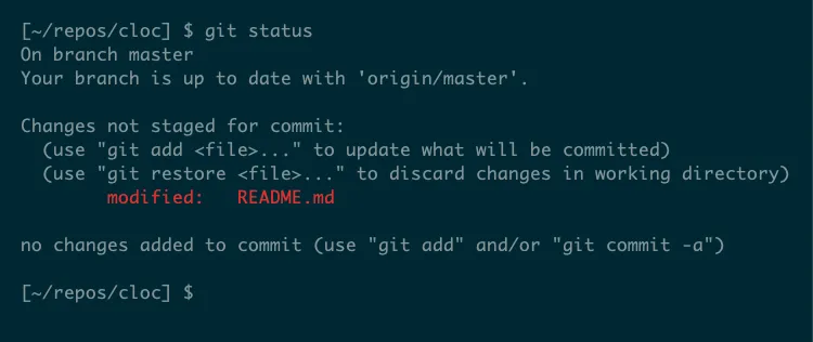 Kết quả ví dụ từ lệnh git status cho thấy một tệp, README.md, đã được sửa đổi và cần được theo dõi.