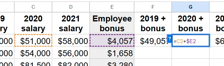 Kiểm tra các ô tiền lệ của công thức trong Google Sheets sau khi sử dụng tham chiếu hỗn hợp $E2