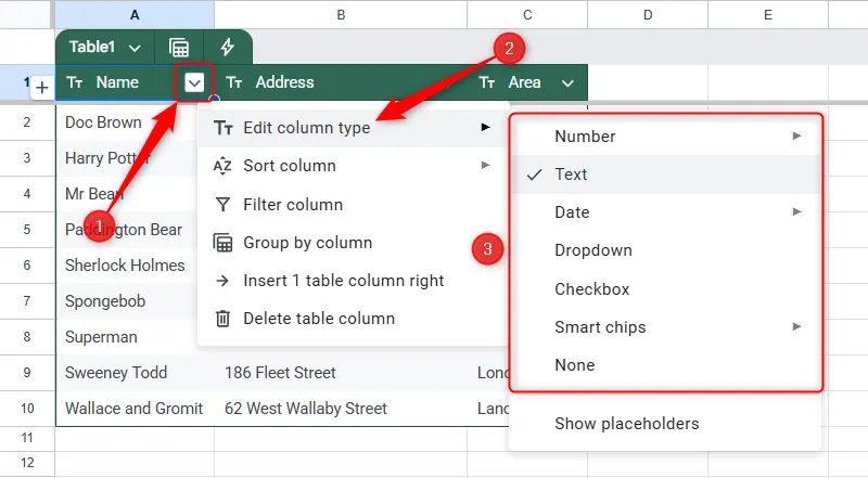 Kiểm tra và điều chỉnh loại dữ liệu cho từng cột trong bảng Google Sheets, ví dụ chọn &quot;Văn bản&quot;