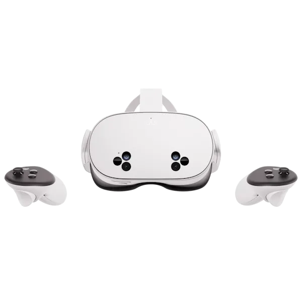 Kính thực tế ảo Meta Quest 3S màu trắng với bộ điều khiển cầm tay đặt trên bàn