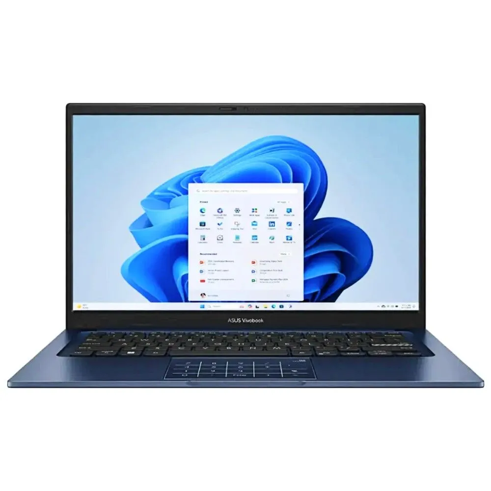 Laptop ASUS Vivobook 14 màu xanh yên tĩnh trên nền trắng, nổi bật thiết kế thanh lịch
