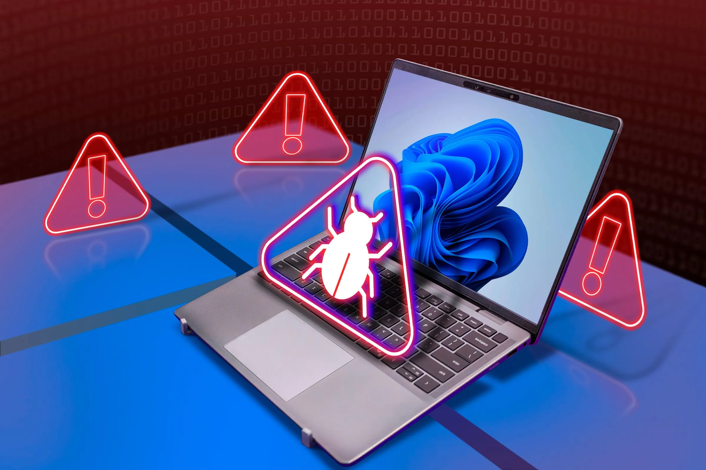 Laptop chạy Windows 11 với biểu tượng phần mềm độc hại (malware) và các dấu hiệu cảnh báo