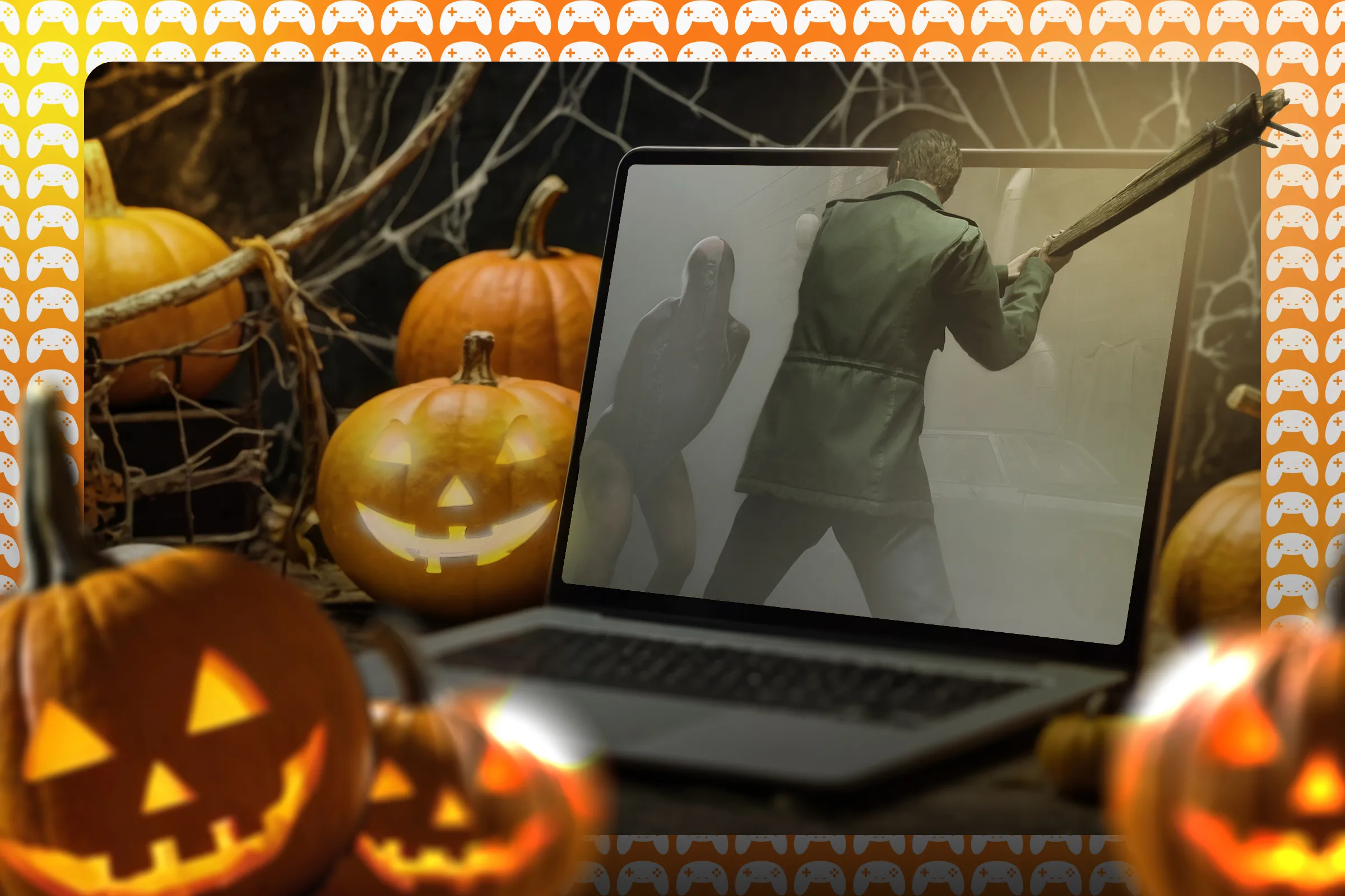 Laptop đang chạy game kinh dị trên bàn cạnh bí ngô Halloween