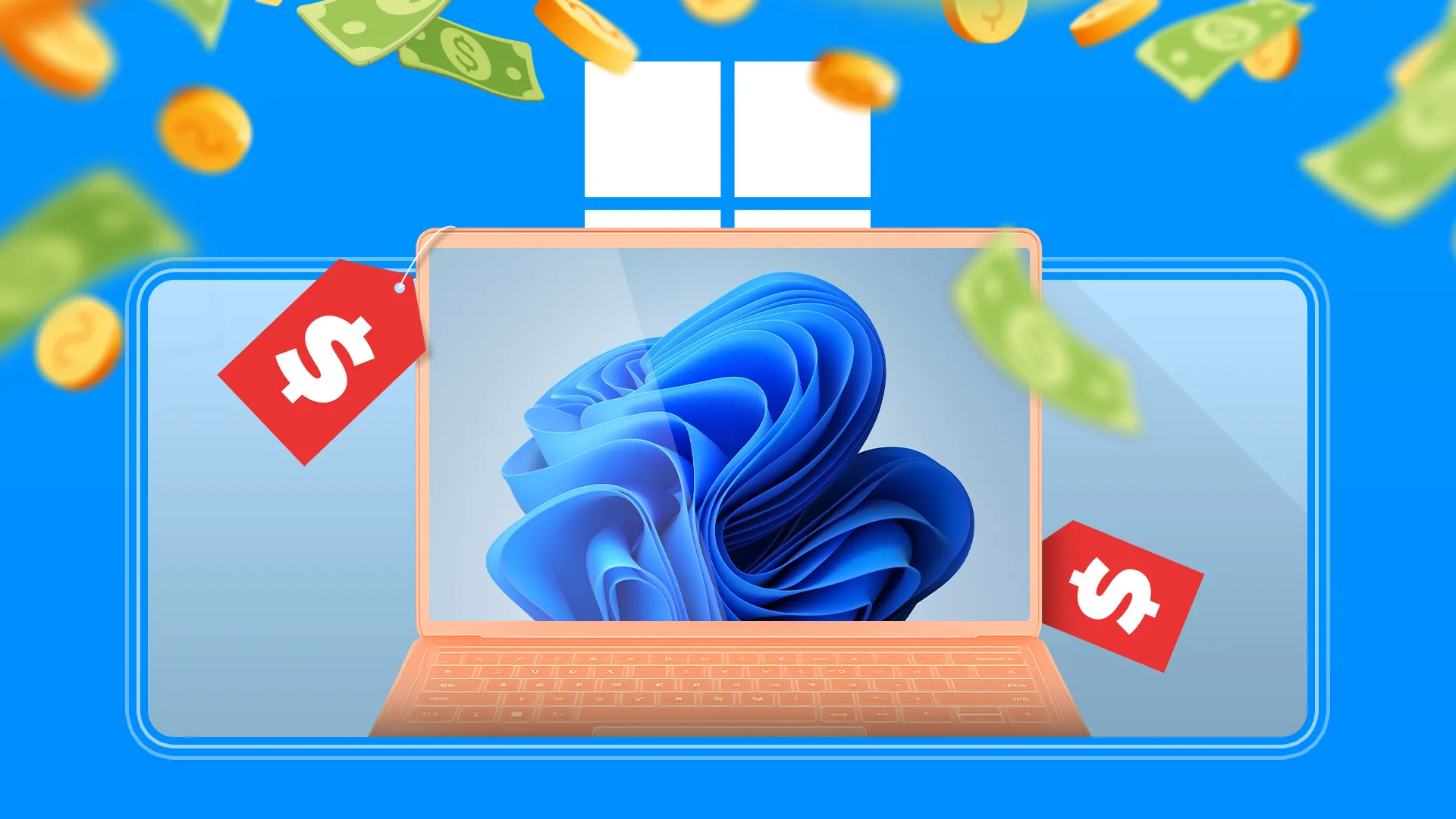 Laptop Windows 11 với các thẻ giá, tiền xu và tiền đô xung quanh, tượng trưng cho chi phí nâng cấp