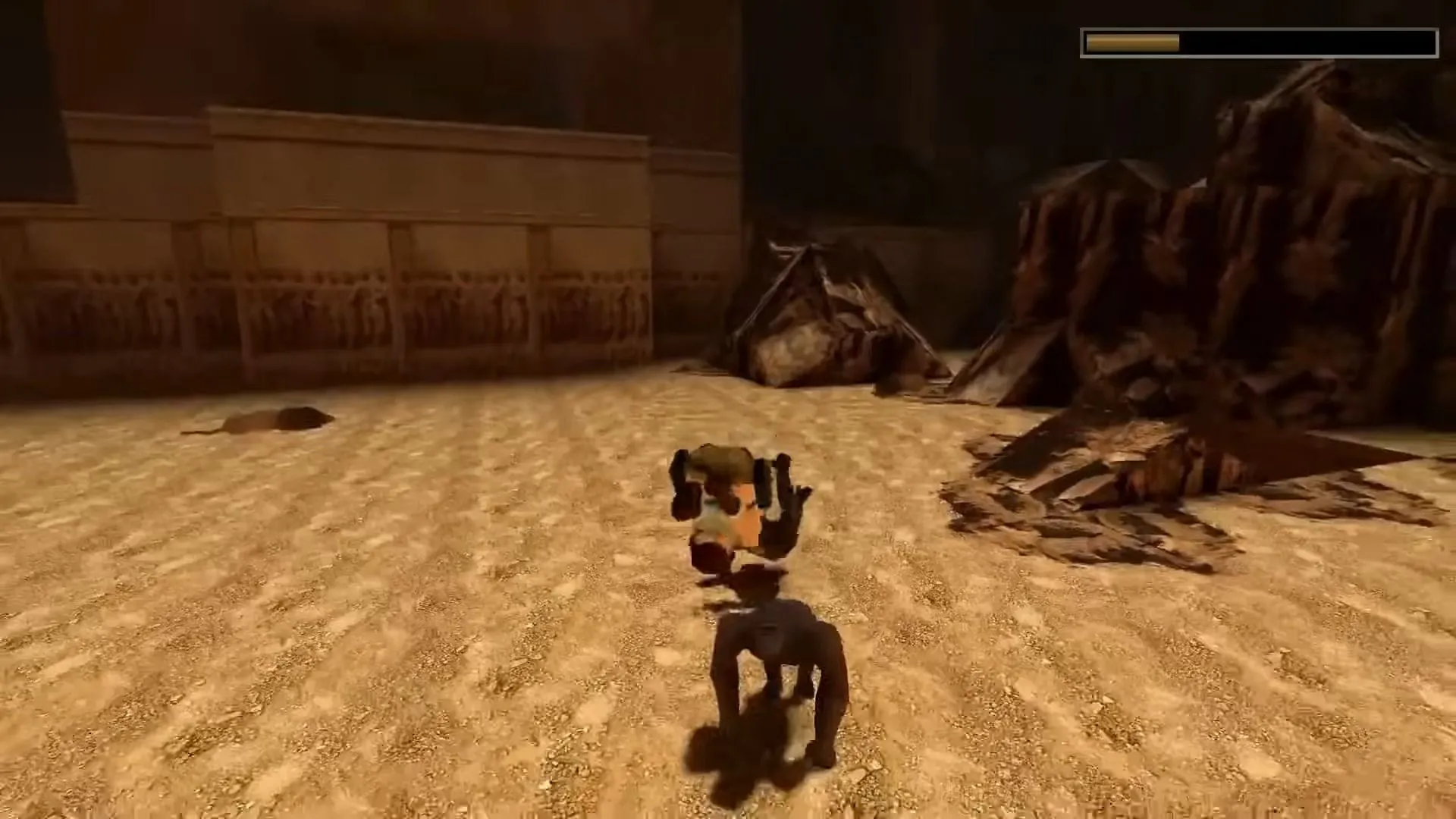 Laura Croft thực hiện động tác nhào lộn né tránh trong tựa game Tomb Raider I Remastered