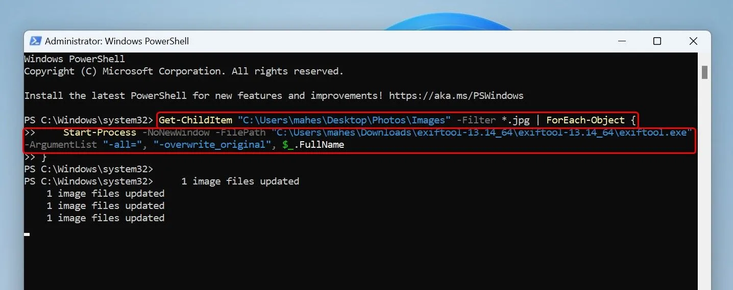 Lệnh cmdlet để xóa dữ liệu EXIF của nhiều hình ảnh được nhập vào PowerShell.