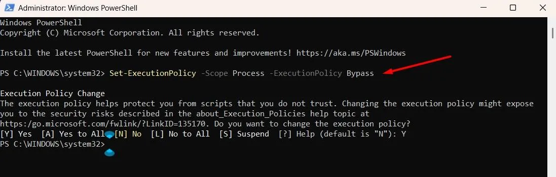 Lệnh Set-ExecutionPolicy Bypass trong PowerShell để thiết lập chính sách thực thi