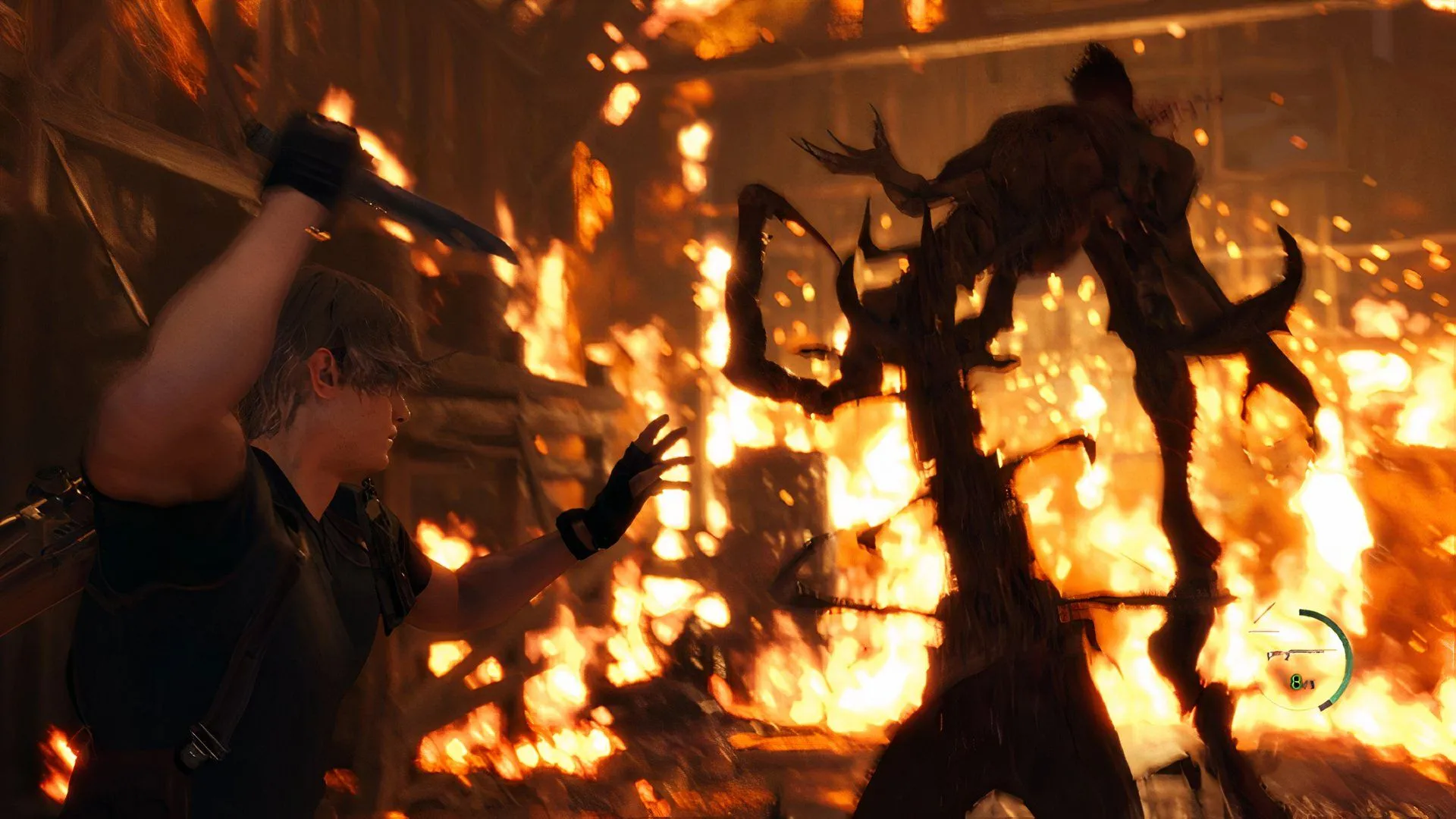 Leon đối đầu trùm đầu tiên trong Resident Evil 4 Remake, một ví dụ về thiết kế phản diện ấn tượng của series