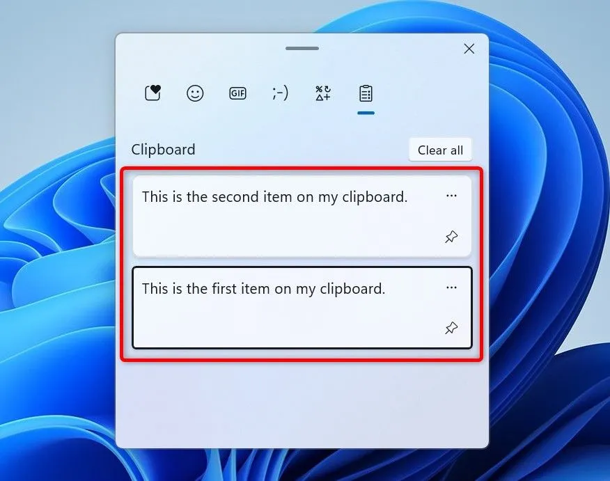 Lịch sử Clipboard trên Windows hiển thị nhiều mục đã sao chép, dễ dàng truy cập với Win+V.