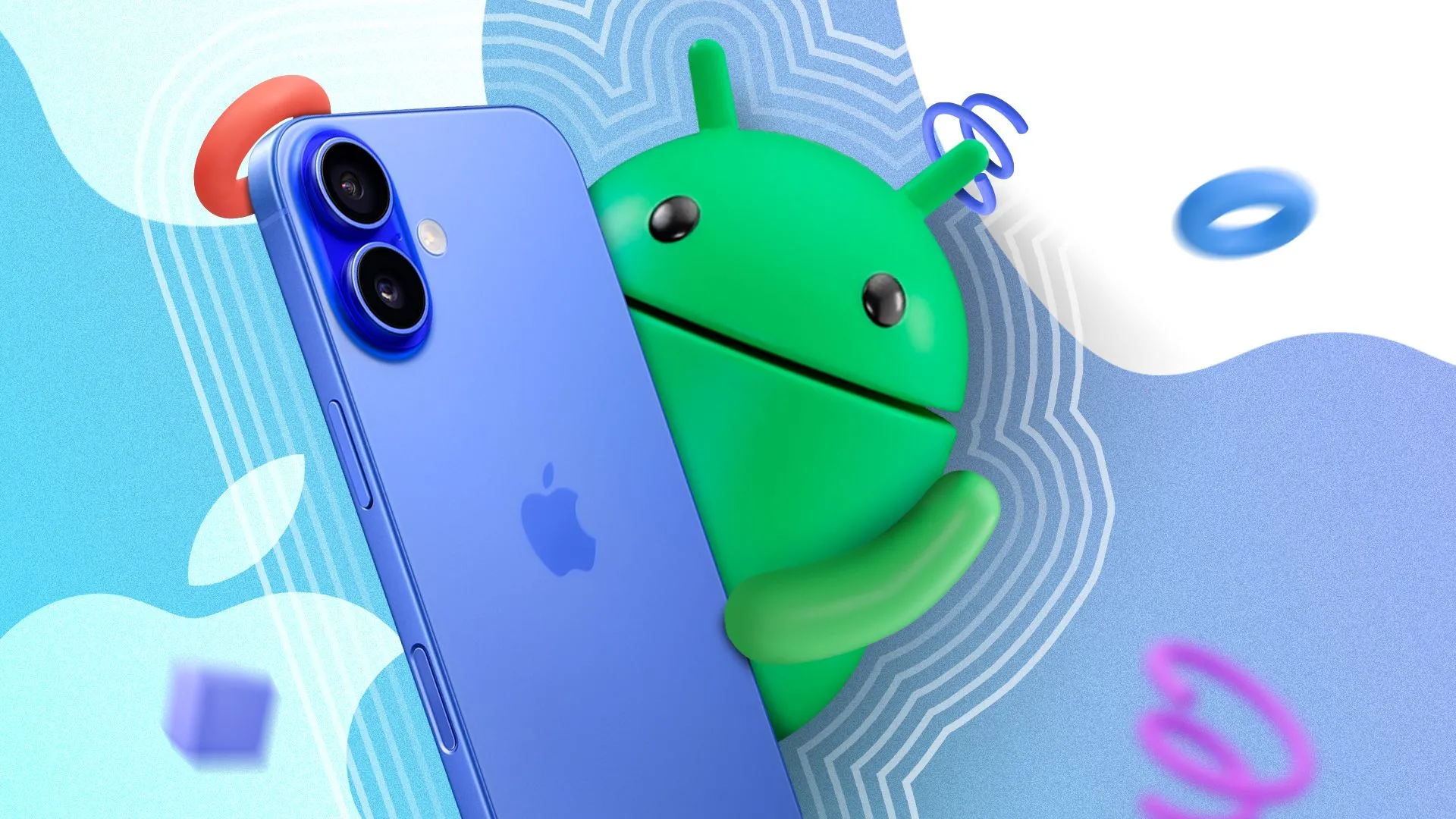 Linh vật Android đang cầm một chiếc iPhone 16 trên tay, tượng trưng cho sự cạnh tranh và tương tác giữa hai hệ điều hành di động lớn nhất thế giới.