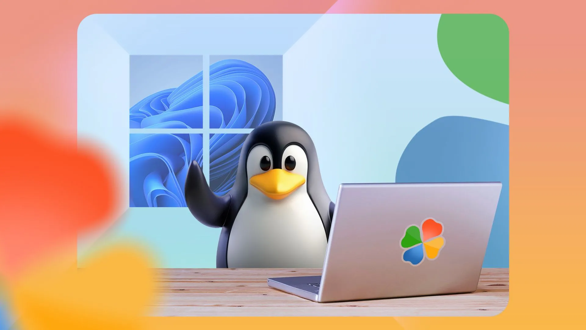 Linh vật Linux dùng laptop với logo PlayOnLinux và Windows, thể hiện khả năng tương thích phần mềm