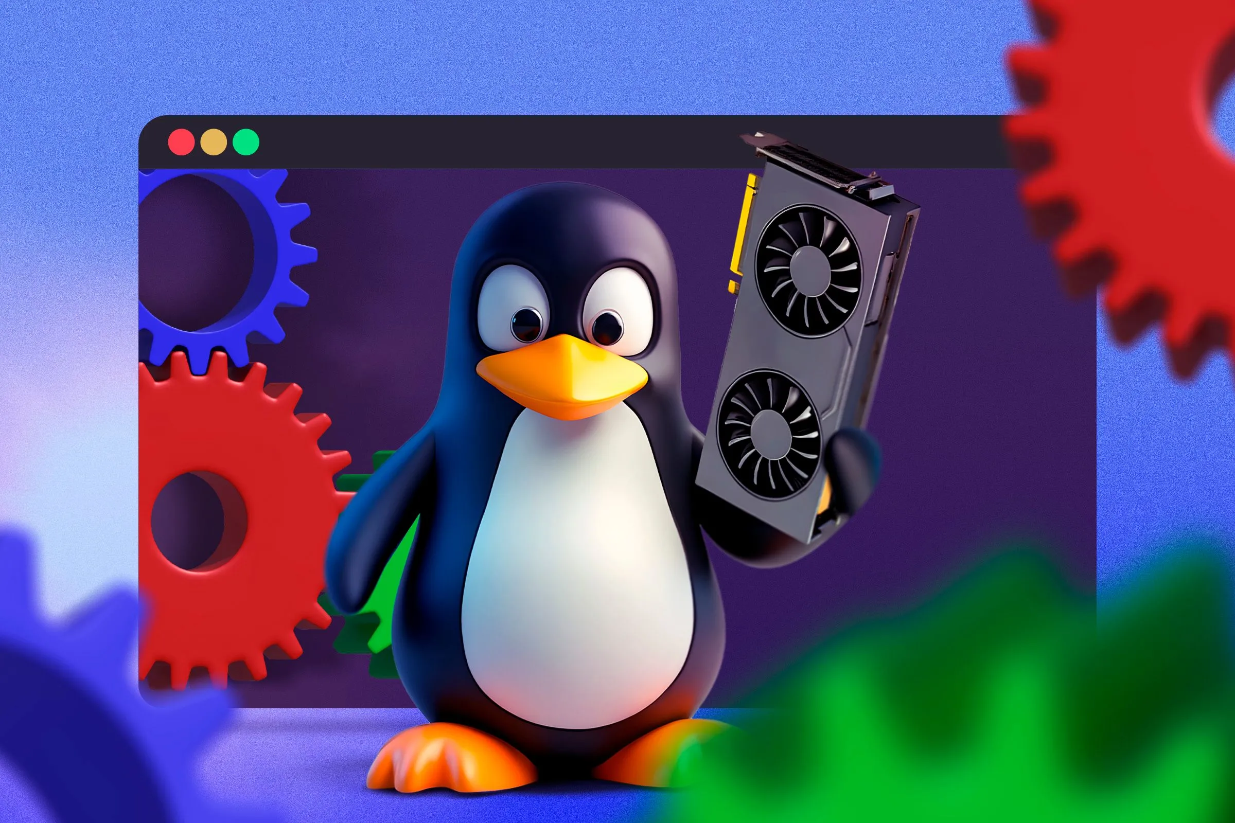 Linh vật Linux Tux đang cầm một card đồ họa (GPU) với các bánh răng ở hậu cảnh, minh họa tầm quan trọng của hỗ trợ phần cứng, đặc biệt là driver đồ họa trong Linux.