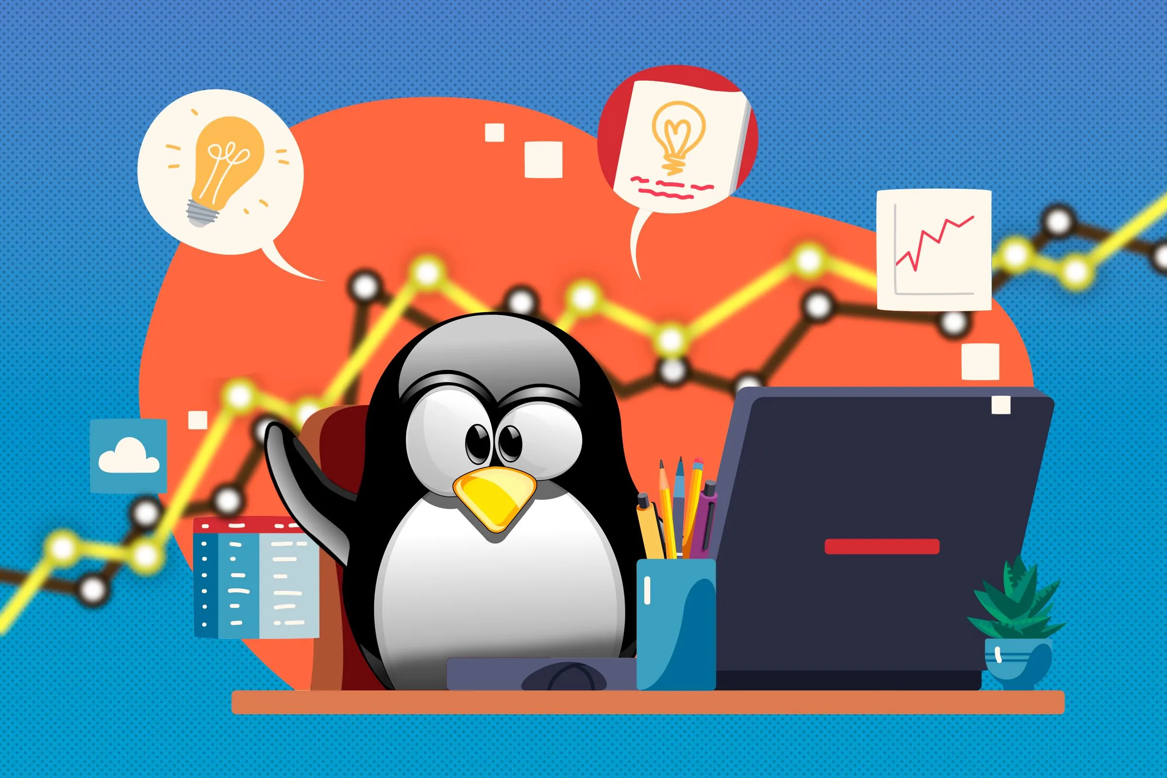 Linh vật Linux Tux đang làm việc tại bàn, xung quanh là các biểu tượng ứng dụng năng suất, thể hiện cách môi trường desktop định hình tương tác người dùng.