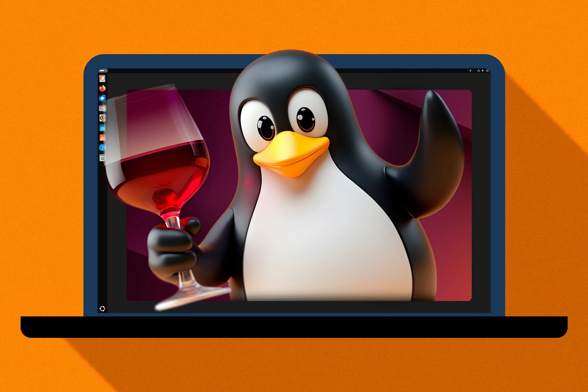 Linh vật Linux Tux trên màn hình laptop cầm ly rượu Wine, biểu tượng cho Wine trên Linux