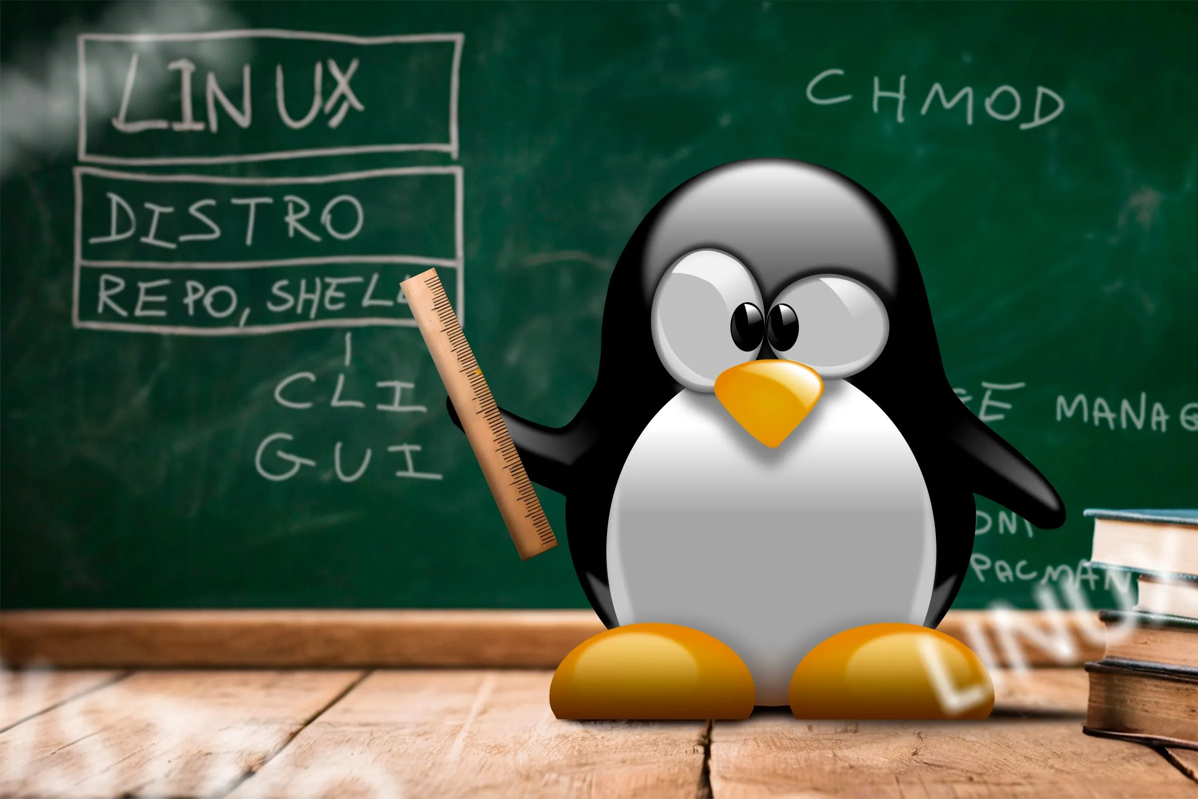 Linh vật Linux Tux trước bảng đen, giảng giải các thuật ngữ Linux, liên quan đến văn hóa Unix/Linux và các trình soạn thảo