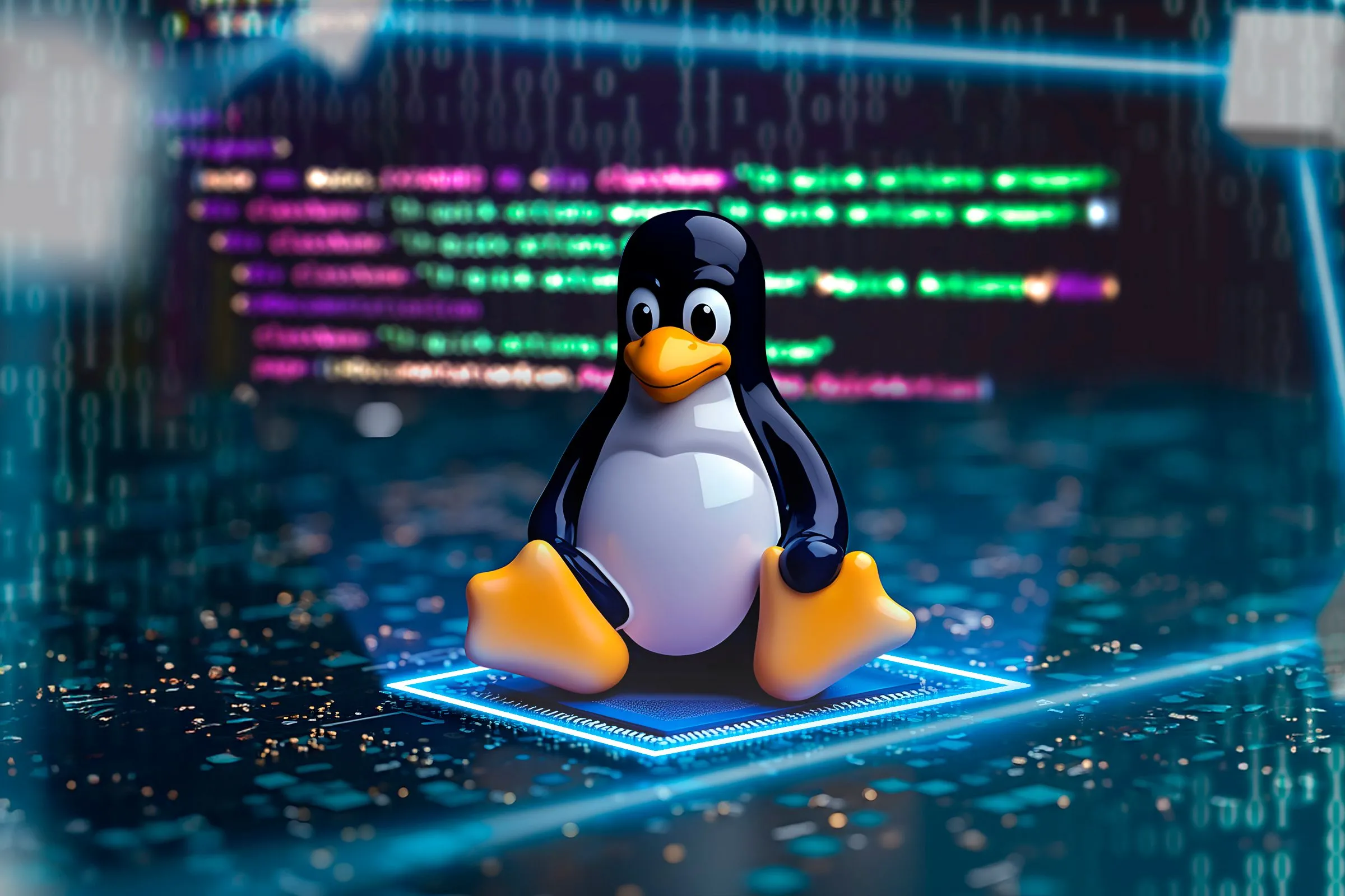 Linh vật Tux của Linux ngồi trên con chip máy tính, biểu trưng cho sức mạnh và sự tích hợp của Linux trong công nghệ.