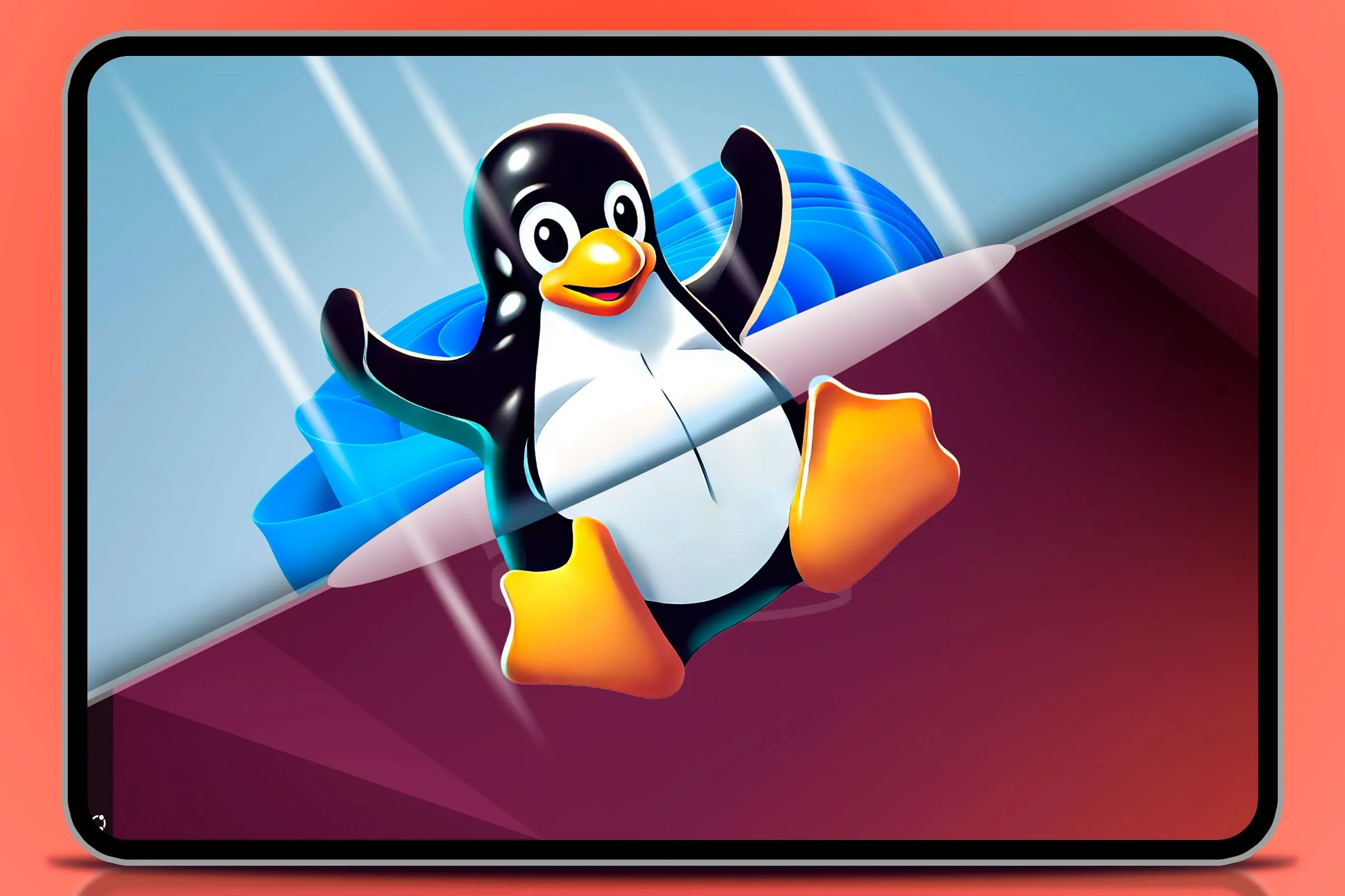 Linh vật Tux của Linux nhảy từ Windows sang Linux, minh họa khả năng đa nền tảng của Kdenlive