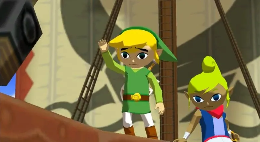 Link và Tetra trong The Legend of Zelda: The Wind Waker, minh họa đồ họa cel-shaded cổ điển nhưng vẫn đẹp mắt.